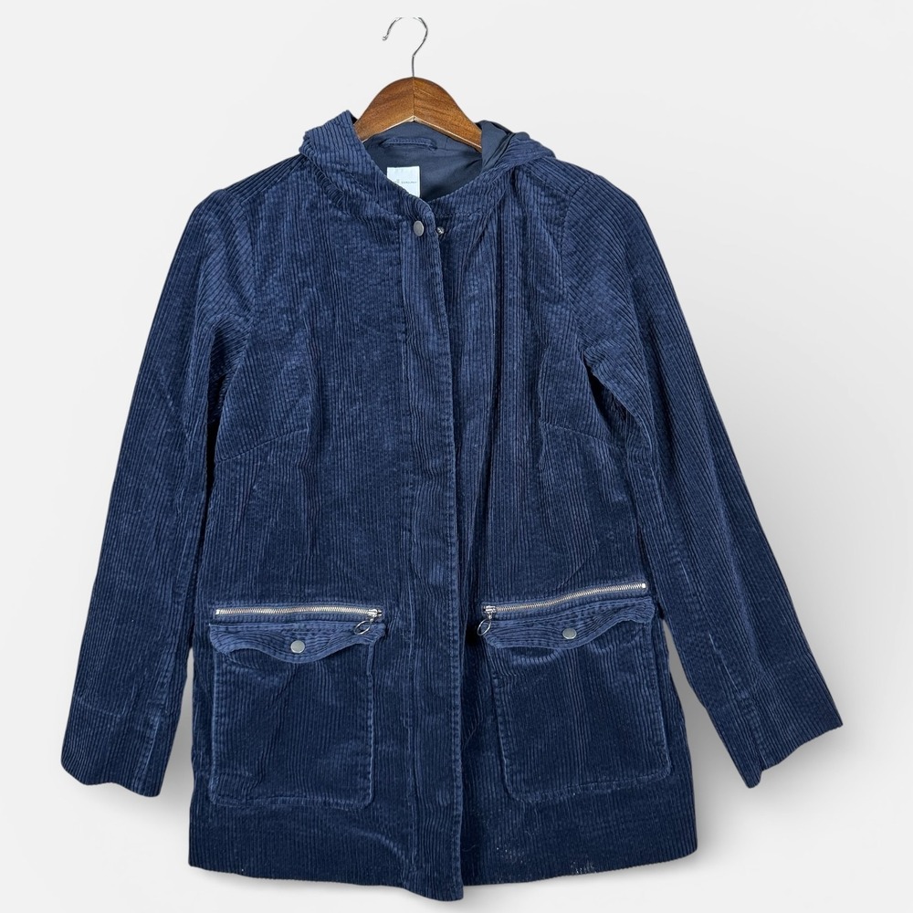 J Jill Jacket Womens XS Petite Blue Corduroy‎ Hooded Anorak Zip Pockets Coat